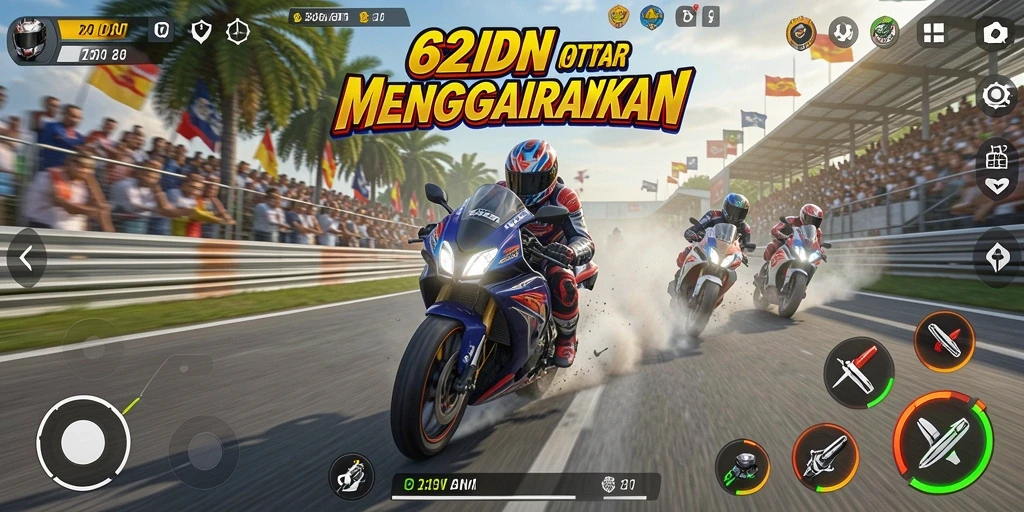 Tampilan gameplay seru dari 62IDN dengan motor dan trek menantang.