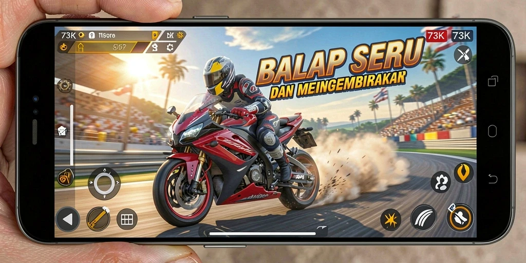 Screenshot gameplay 73K menampilkan balapan motor yang mendebarkan.
