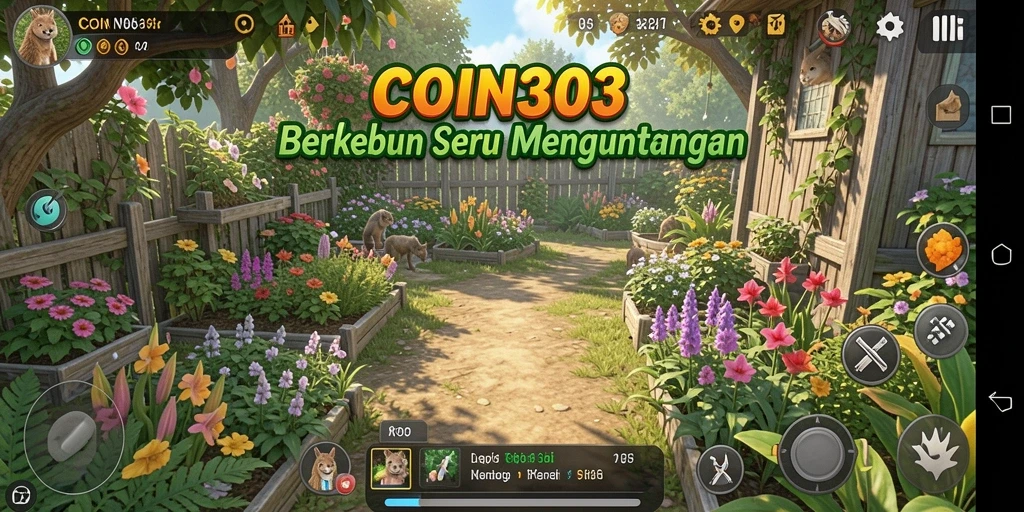 Tampilan screenshot dari gameplay COIN303 yang menampilkan kebun yang indah.