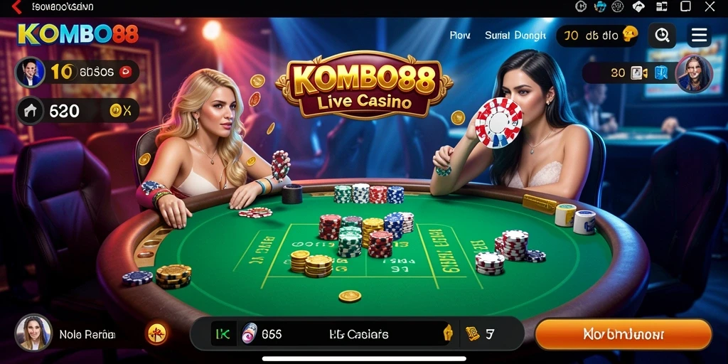 Screenshot gameplay KOMBO88 menampilkan dealer langsung dan suasana kasino yang nyata.