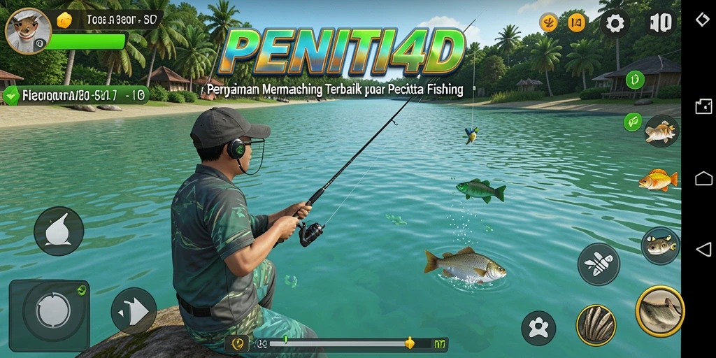 Screenshot gameplay PENITI4D dengan fokus pada aksi memancing yang mendebarkan.