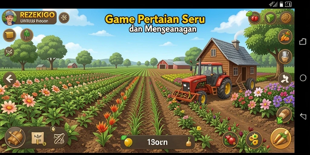 Tangkapan layar permainan <strong>REZEKIGO</strong> menunjukkan kebun yang dikelola dengan baik.