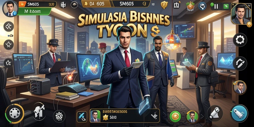 Screenshot gameplay SM605 yang menunjukkan pengelolaan bisnis yang menarik.